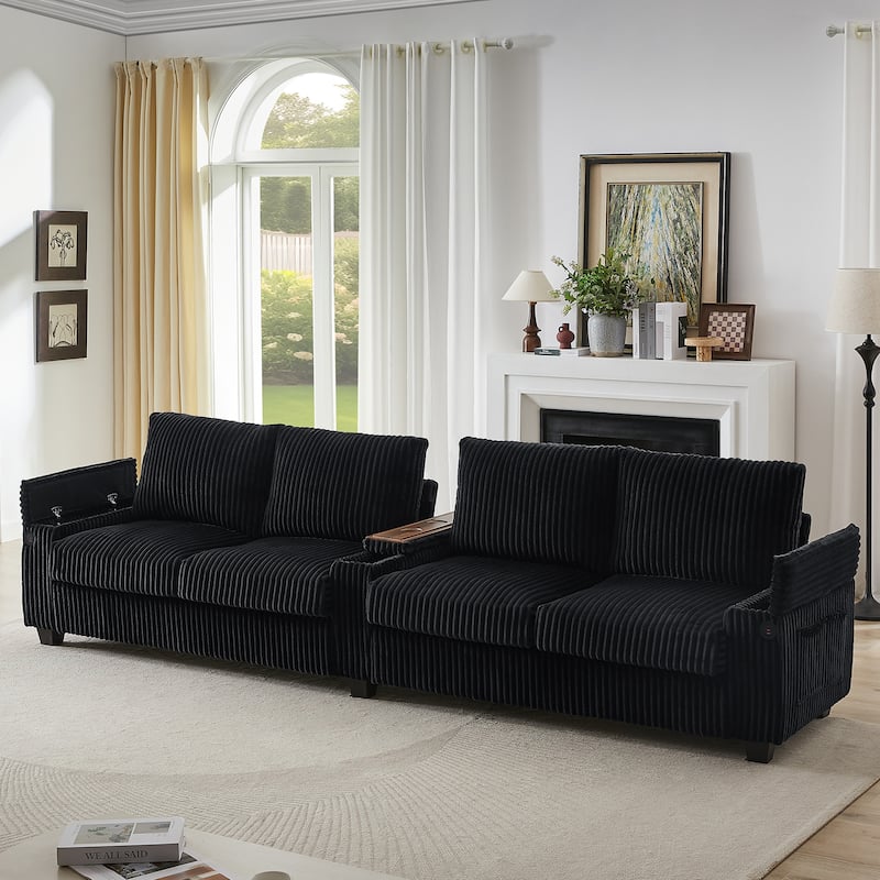4-seater Corduroy Sofa with Storage, Cup Holders, USB Ports, 133" Length, Black