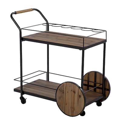 Mobile Bar Cart with Natural Wood Surface Matte Iron Frame 6-Bottle Wine Rack and Shelf - 34”H x 32.25”W x 17.5”D
