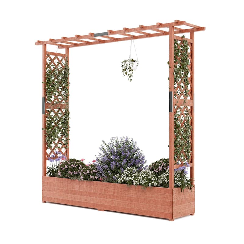 Wooden Elevated Garden Planter with Trellis - 79"x17"x72"