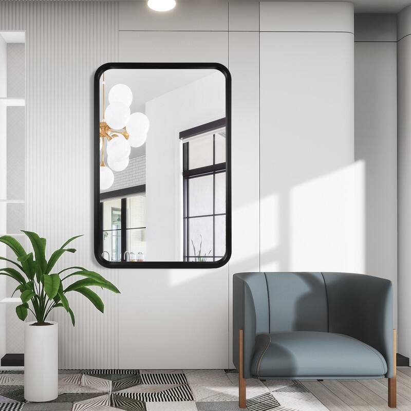 Round Corner Rectangle Farm Wall Mirror with Solid Wood Frame - 20" x 30" - Black