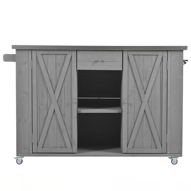 Outdoor Kitchen Island Fir Wood Kitchen Island with Stainless Steel Top, Ample Storage Space, Towel and Spice Racks