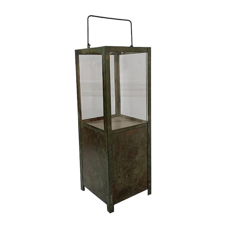 Large Green Patina Lantern Iron & Glass H 33.9" - GREEN PATINA