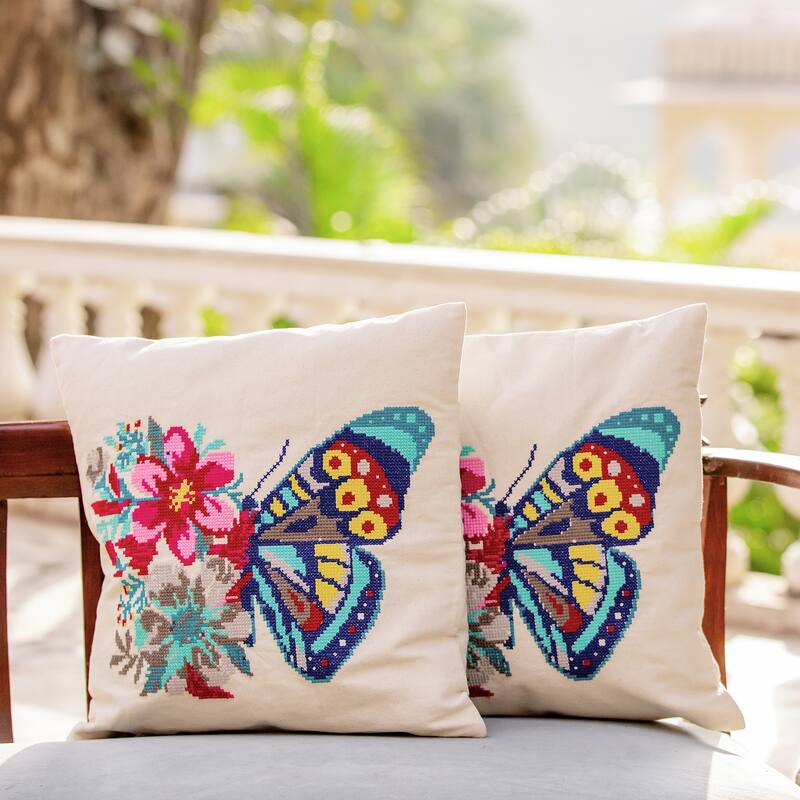 Novica Handmade Butterfly Universe In Beige Cotton Cushion Covers (Pair)
