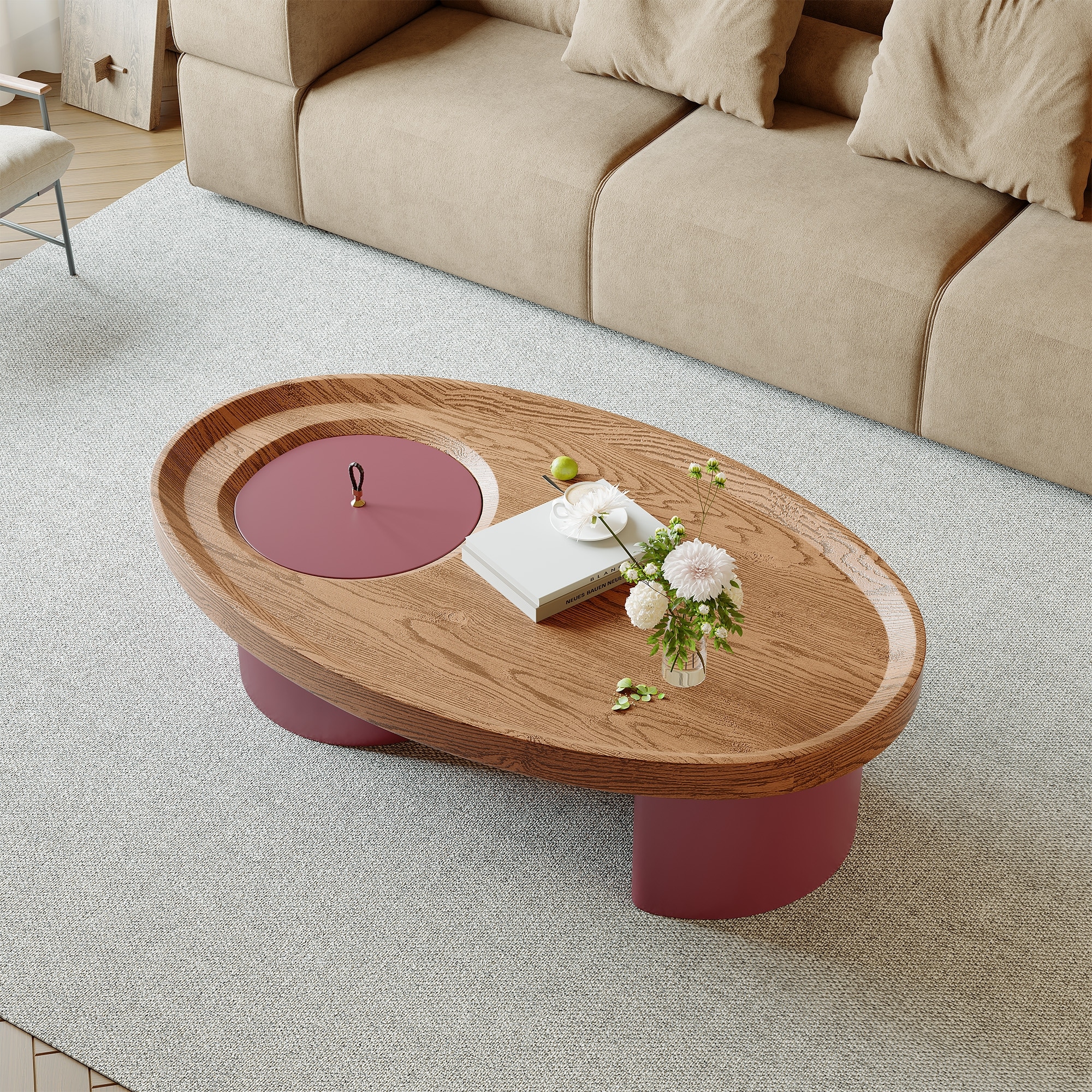 45.3" Oval Wood Coffee Table with Storage, Walnut Top with Red Legs, Mid-Century Modern Living Room Center Table