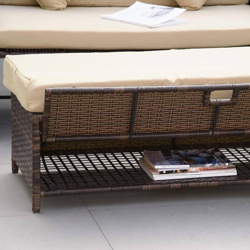 Patio Rattan Daybed with Cushions, Storage Ottoman, Side Tables