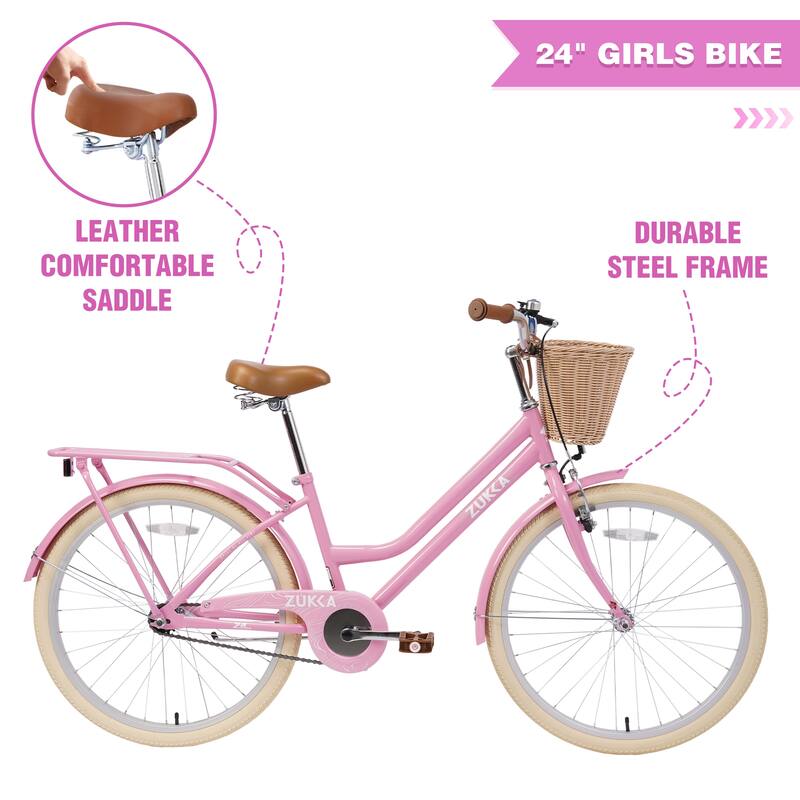 24 inch Outdoor Comfort Single Speed Bike, Steel Frame Road Cycling Bicycle w/Adjustable Genuine Leather Saddle for Kids & Teens