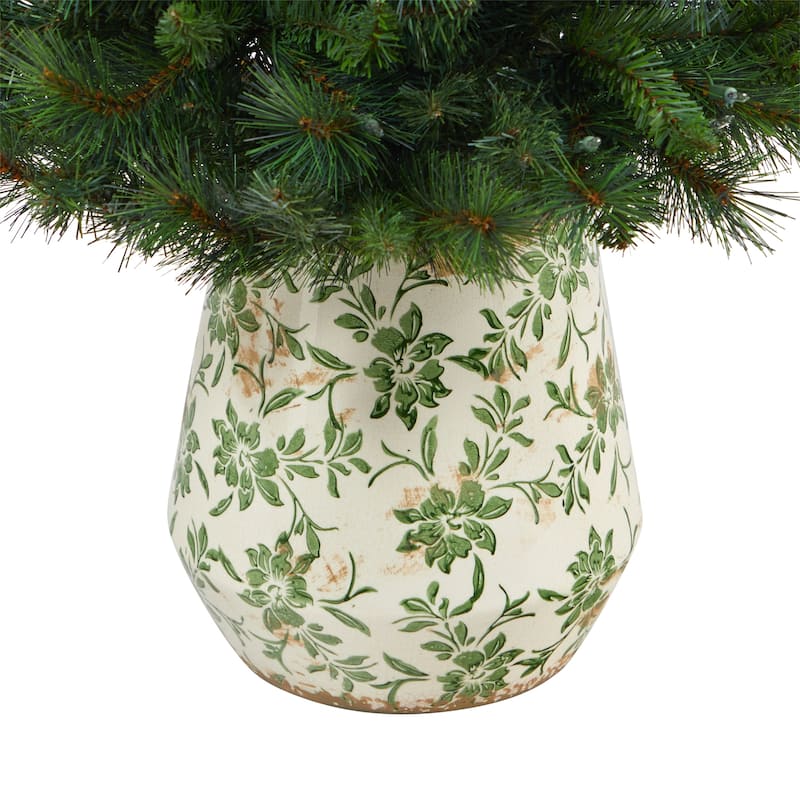 4.5' Artificial Christmas Tree with 100 Lights in Floral Print Planter