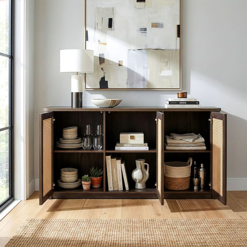 Bistra Brown Three Door Walnut Wood Sideboard with Rattan Doors