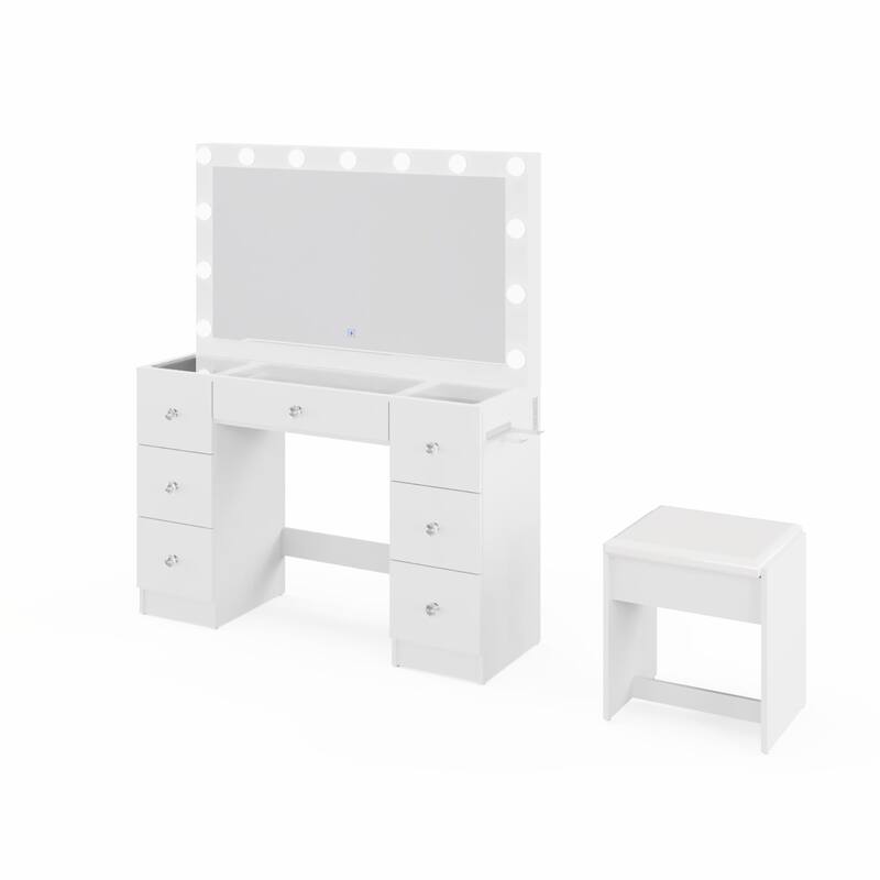 Modern White Makeup Vanity Desk with 13 Dimmable Lights, Glass Top, USB-A & USB-C, 7 Drawers, Hair Dryer Holder, and Stool