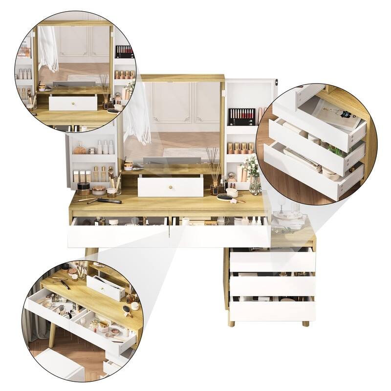 Makeup Vanity with Mirror and Rechargeable LED Light, 6 Drawers & Storage Cabinet