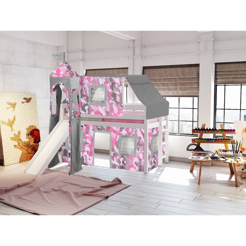 JACKPOT Prince & Princess Low Loft Twin Bed, Ladder Slide Tent & Tower
