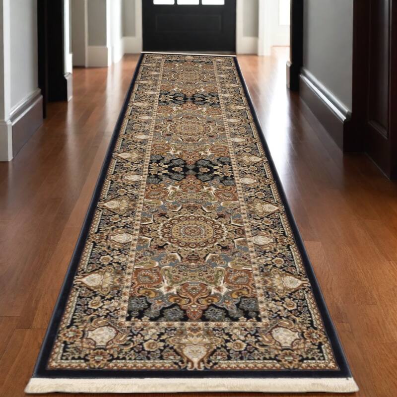 HomeRootsMedallion Traditional Rectangle Area Rug - 120.08' X '26.77' X '0.16 - Light Brown/Navy Blue/Ivory