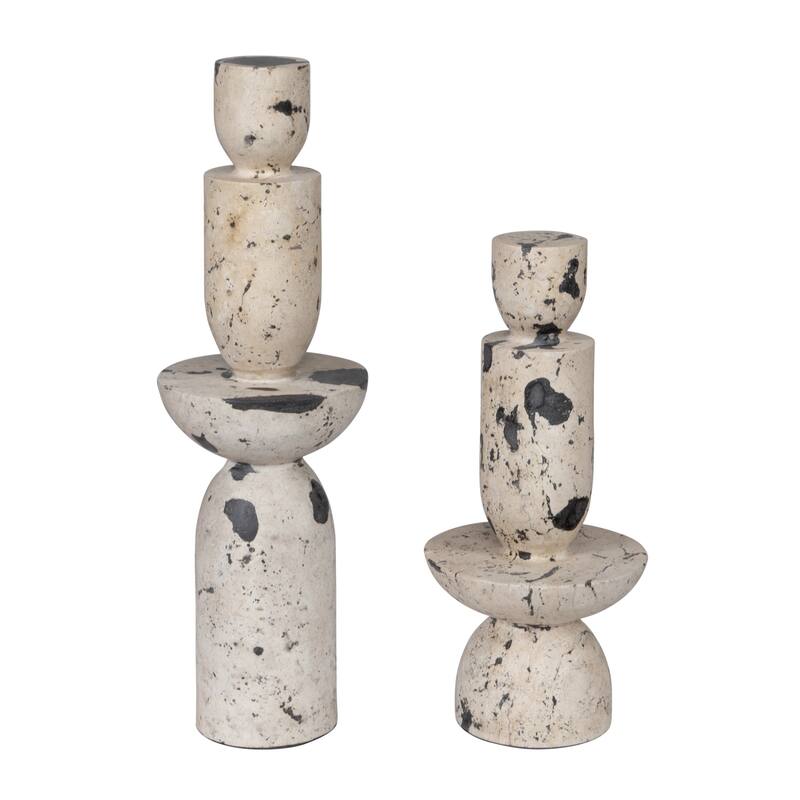 Geometric Limestone Tower Sculptures - 22" - Set of 2