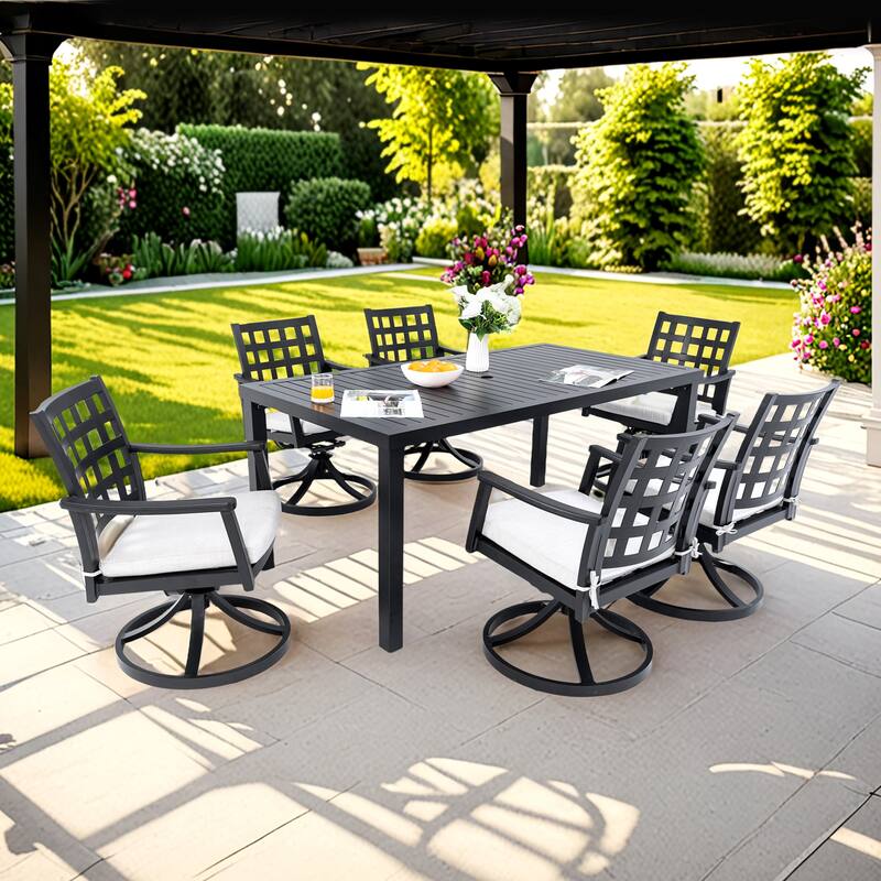 Modern Classic 7-Piece Outdoor Patio Dining Set, a Rectangular Table & Six Swivel Rock Dining Chairs