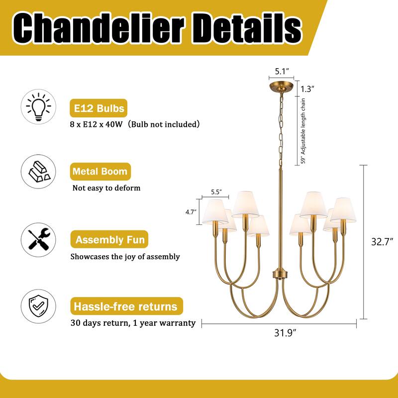 8-Light 32-Inch Mid-century Modern Satin Brass Large Chandelier with White Linen Fabric Shades For Dining Room or Foyers - W32''
