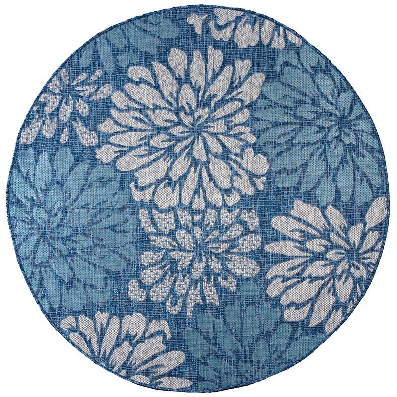 JONATHAN Y Floral Textured Weave Indoor/Outdoor Area Rug - 5' Round - Navy/Aqua