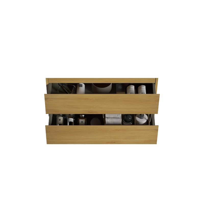 Wall mount cabinet WITHOUT basin, Natural oak color, with two drawers
