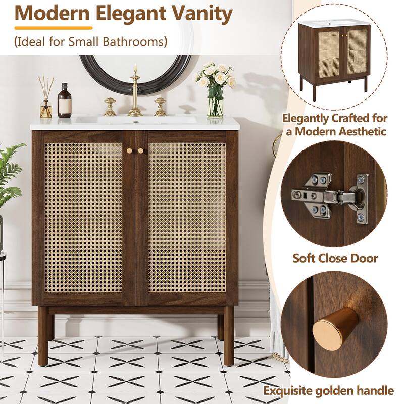 GDFStudio - Lilia 30" Bathroom Vanity with Handwoven Bamboo Doors & Soft-Close Design
