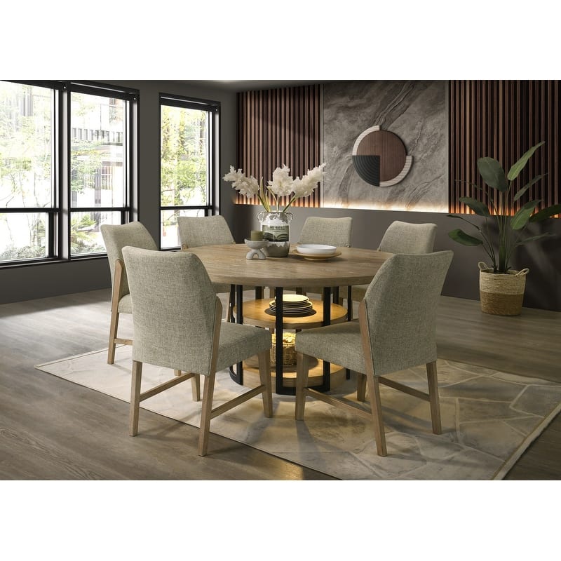 Eden 7Pc 59" Round Rustic Oak Dining Set with LED Light, Black Metal Table Frame, Shelves, Beige Linen Chairs