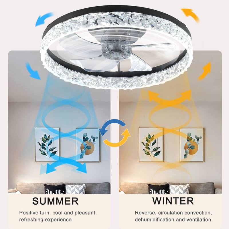 19.7" Low Profile Crystal Ceiling Fan with Light, Remote, 6 Speeds & Timer Setting, Crystal Chandelier Ceiing Light with Fan