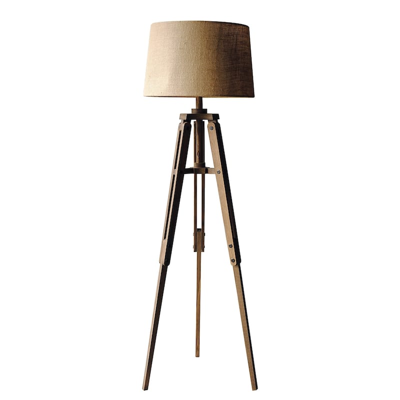 Wood Floor Lamp with Linen Drum Shade - Brown and Natural
