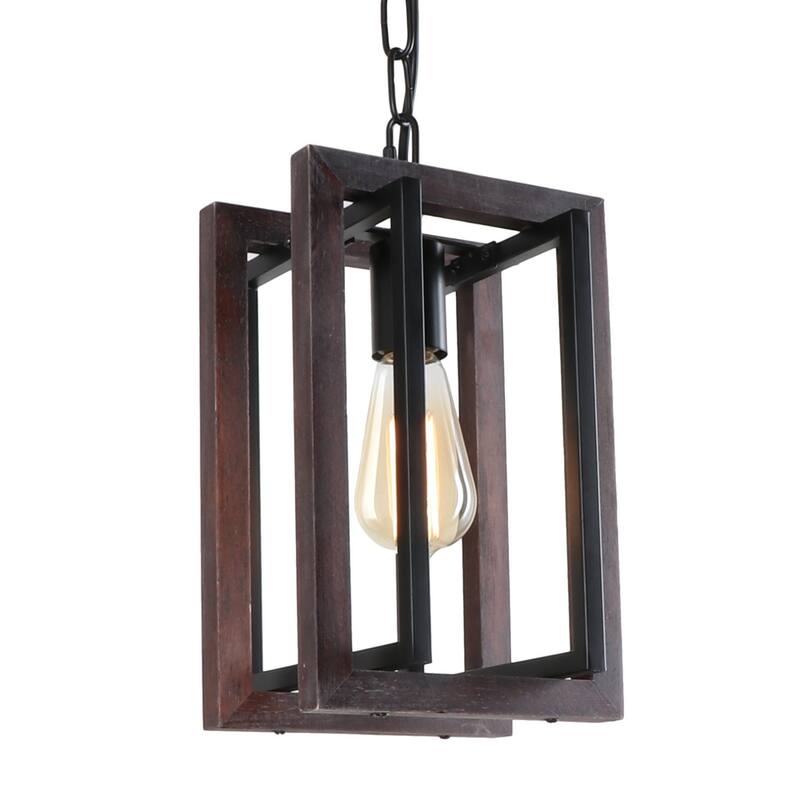 Anmytek Rustic Farmhouse Pendant Light Fixtures 1-Light Industrial Metal Wood Chandelier for Dining Room Kitchen Island - Dark Brown