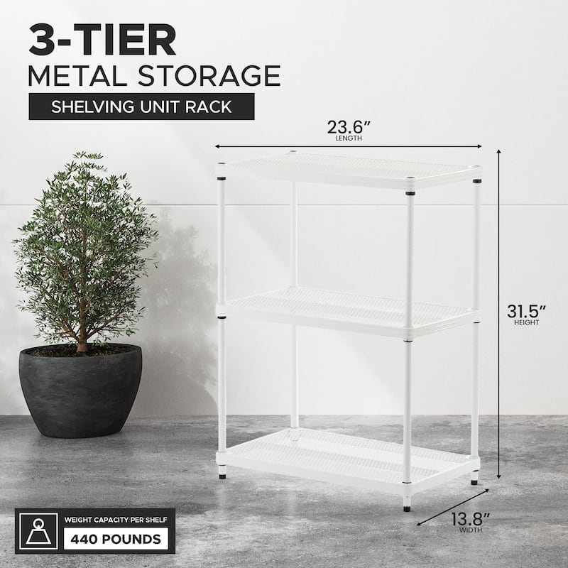 Design Ideas MeshWorks 3 Tier Full-Size Metal Storage Shelving Unit Rack, White