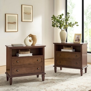 HULALA HOME Kamilo Transitional 28''W 2-Drawers End Table with Built-in Charging Station and Solid Wood Legs Set of 2