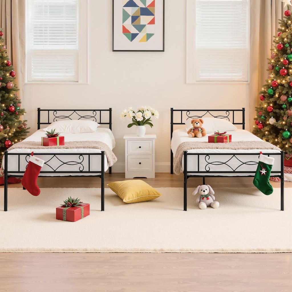VECELO Twin Size Bed Frame Set of 2 with Headboard 14 Inch Metal Platform Mattress Foundation Kids Bed Set of 2
