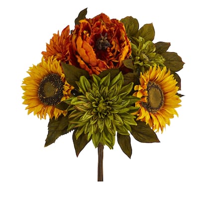 16" Peony, Dahlia and Sunflower Artificial Flower Bouquet (Set of 2)