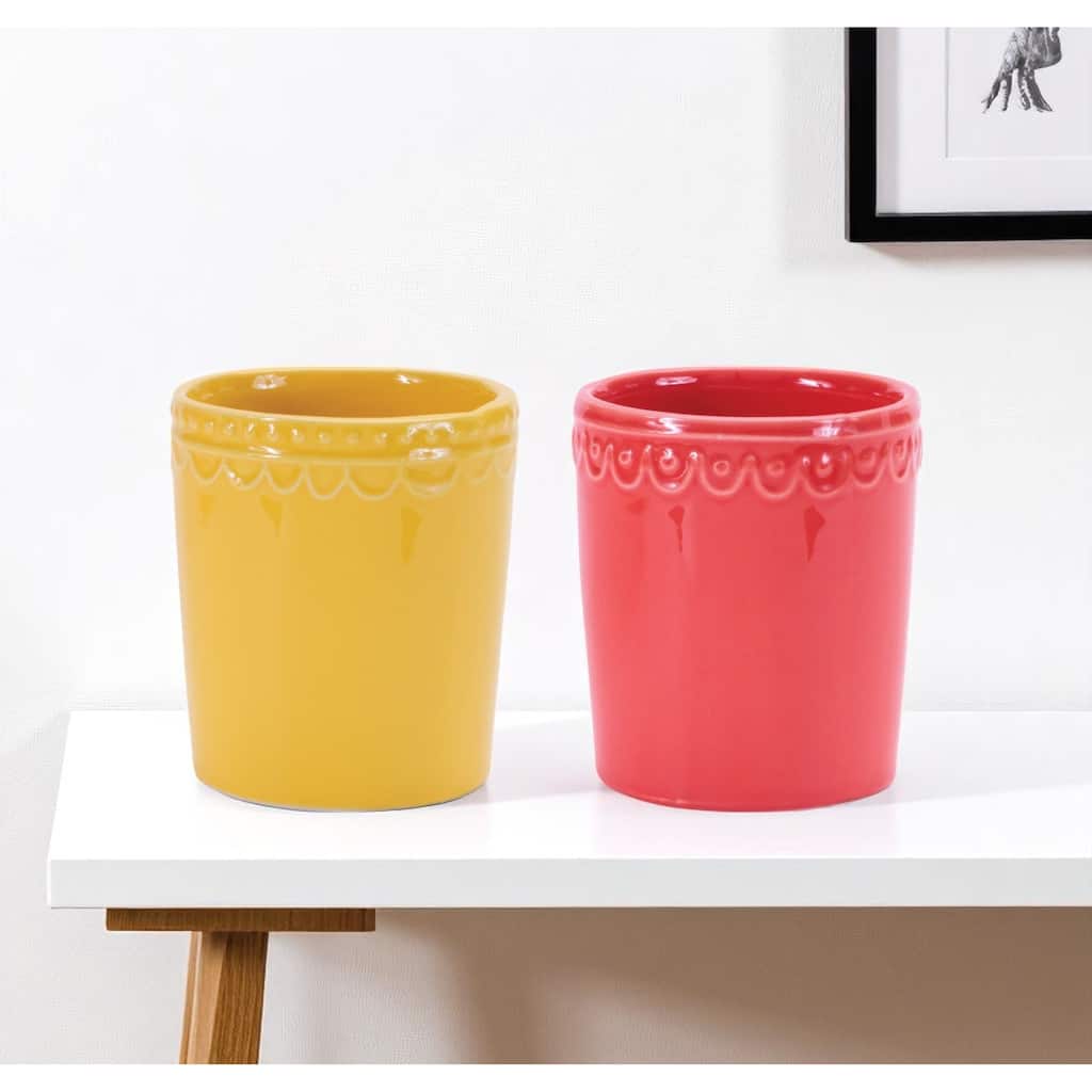 HomeRoots Set of Two Pink And Yellow Ceramic Rectangular Cachepots - 3.5 in. x 4.25 in. x 3.5 in.