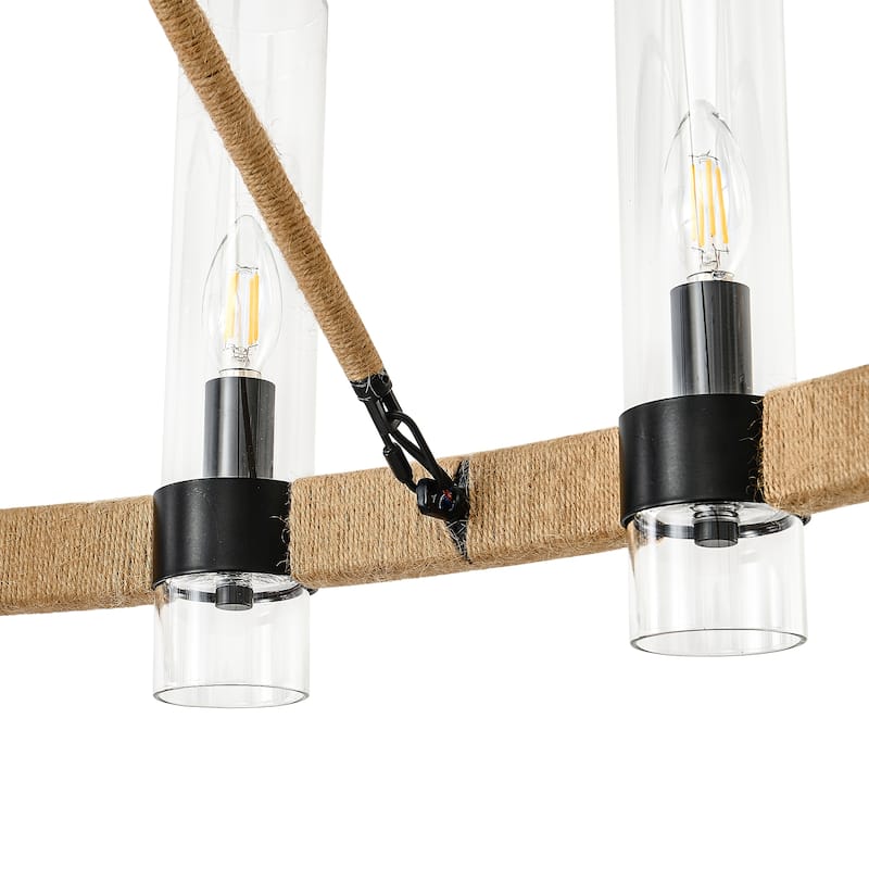 Modern Rustic Wagon Wheel Chandelier with Clear Glass Shades & Hemp Rope Accents