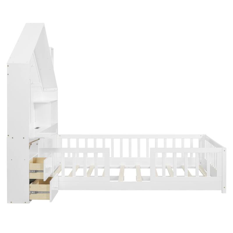 Wooden Floor Platform Bed with House Shape Storage Wingback Headboard, House Bed with USB, Window and Bedside Drawers