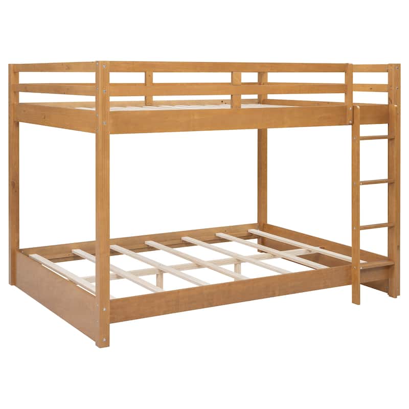 Wooden Queen Size Bunk Bed, Solid Pine Queen over Queen Bunk Bed Frame with Built In Ladder and Full Length Guardrail