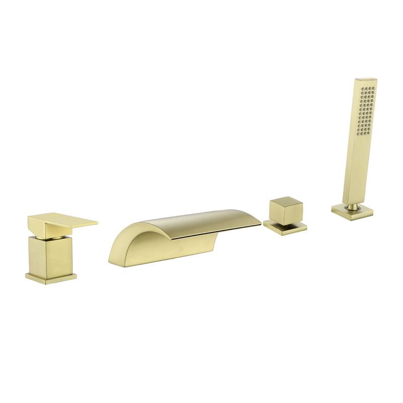 Deck Mounted Four Holes Tub Faucet Waterfall Modern Bath Tub Faucet with Handheld Shower Tub Fillers with Pressure Balance Valve
