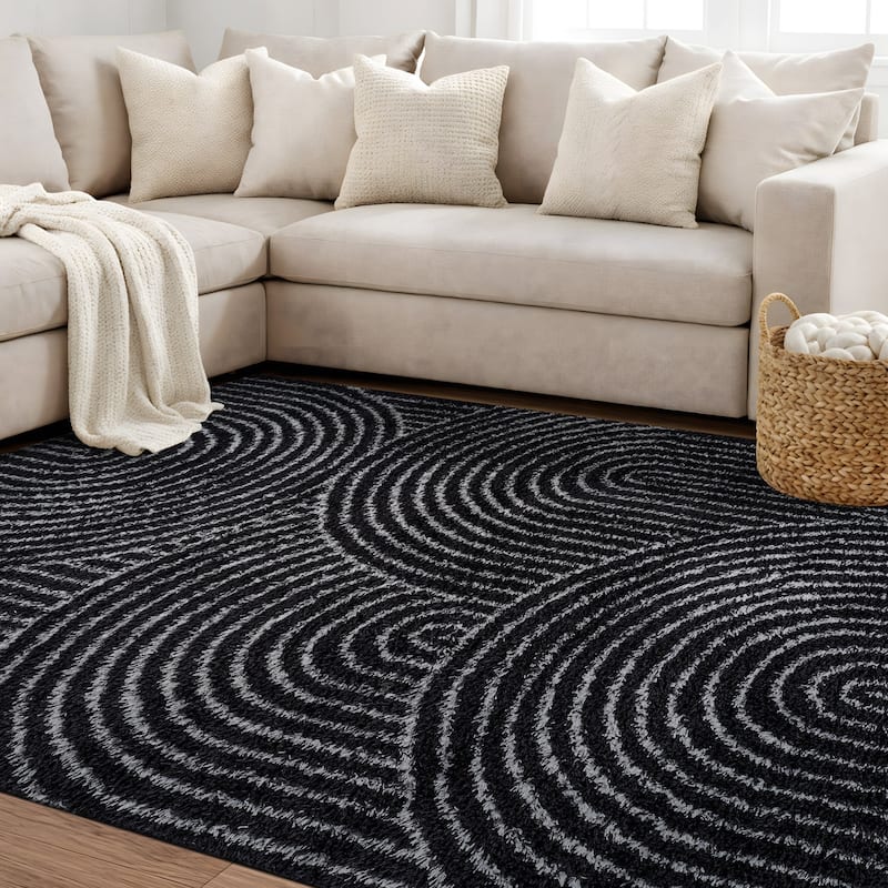 Circles Arch Shag Rug - Durable & Soft for High-Traffic Areas - Anthracite Dark Gray - Kid Friendly
