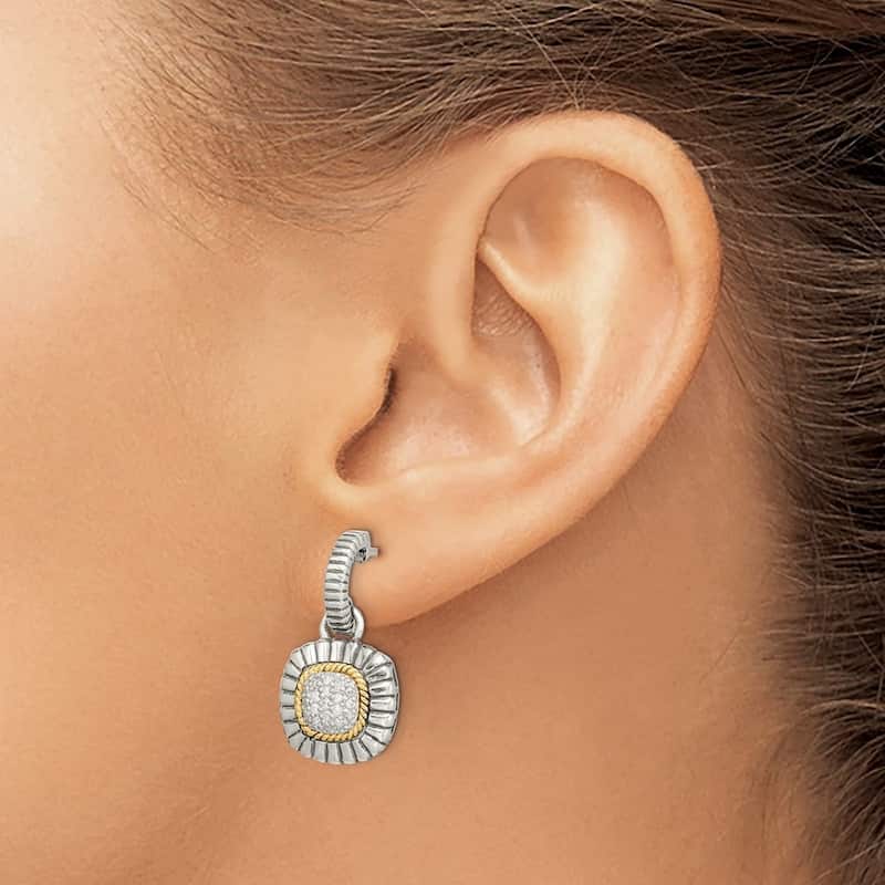 Curata 925 Sterling Silver Polished With 14k Diamond Dangle Post Earrings - 23x13mm Wide