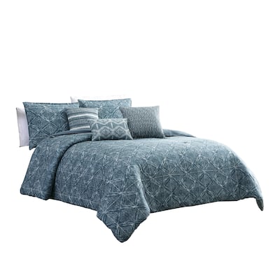 7 Piece King Size Cotton Comforter Set with Geometric Print, Blue
