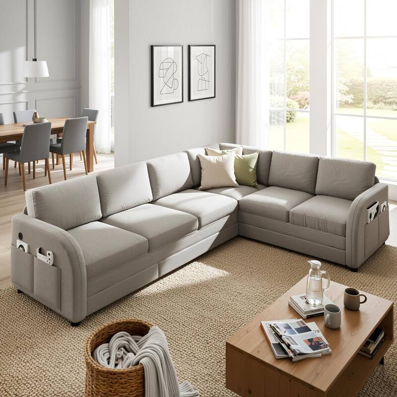 Homy Casa 85"/115" L-Shaped Sectional Sofa Bed USB & Side Pocket, Teddy Fabric Pull-Out Sleeper, Reversible Chaise, Multi Colors - Grey
