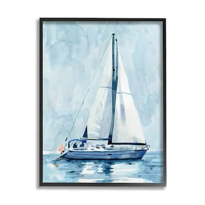 Stupell Nautical Blue Sailboat Tranquil Coastal Water Watercolor Painting Framed Wall Art - White