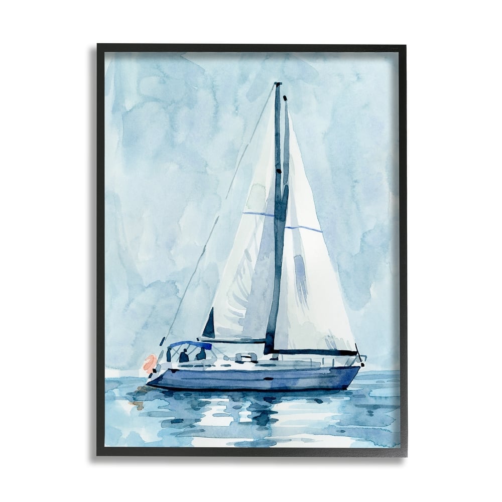 Stupell Nautical Blue Sailboat Tranquil Coastal Water Watercolor Painting Framed Wall Art - White