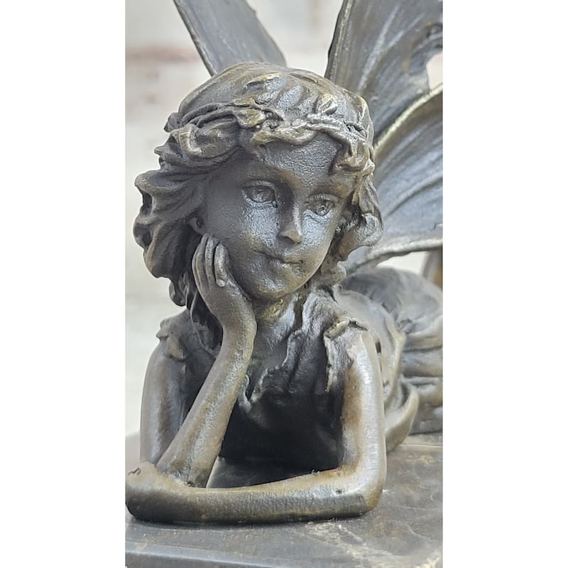 Fairy Child Young Girl Laying Down In Thought Bronze Metal Figure Statue Sculpture Marble Base