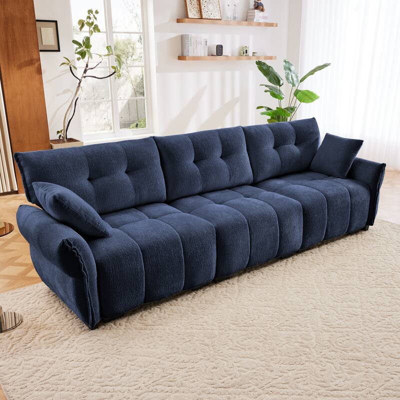 Tufted Sectional Sofa with 2 Pillows, 110" Modern Chenille Comfy Couches for Living Room, Lounges, Flared Arms Upholstered Sofa - Blue