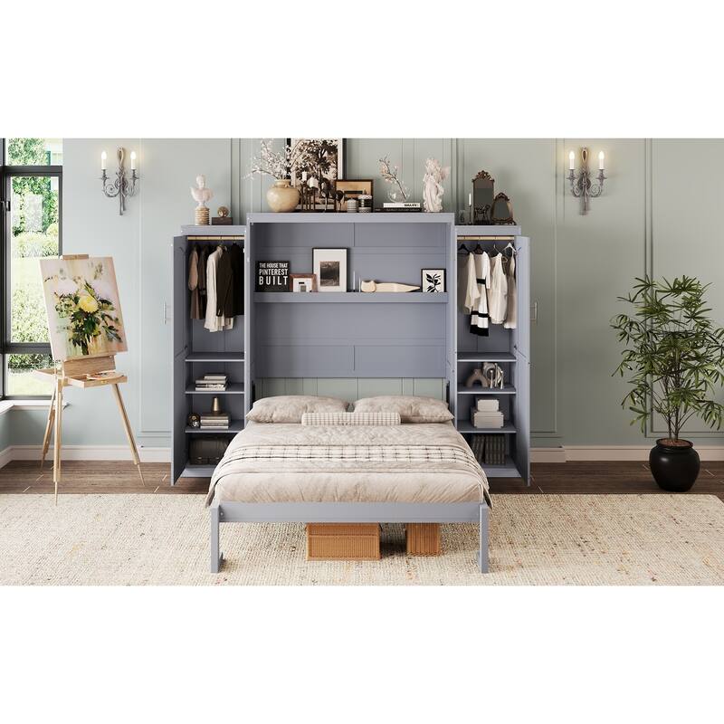 Space-Saving Full Size Murphy Bed with 2 Wardrobes & Storage Shelf, Foldable Platform Bedframe for Guest Rooms