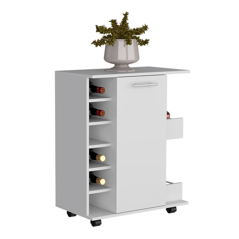 Modern White Bar Cart with Wine Cubbies, Side Shelves & Casters for Easy Mobility