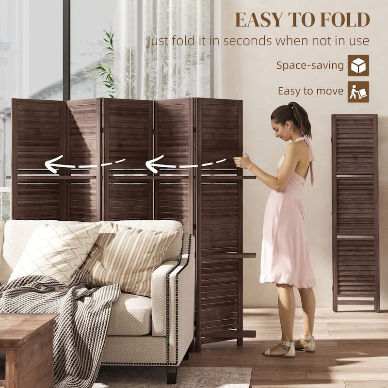 HOMCOM 5 Panel 67" Tall Wood Room Divider, Privacy Screen with 3 Display Shelves, and Folding Storage for Bedroom or Home Office