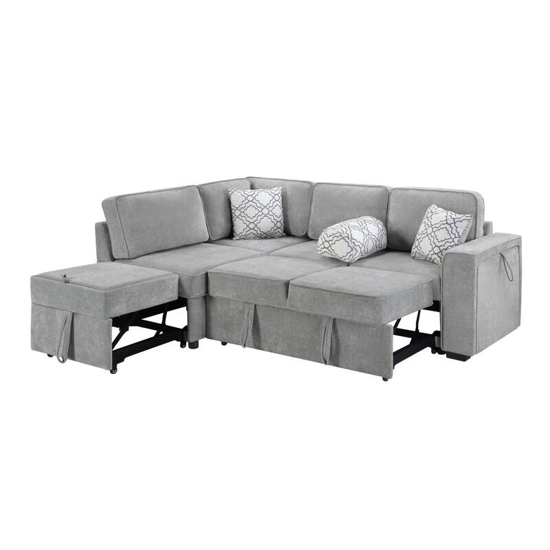 83.9" L-shaped Convertible Sectional Sofa with Dual Pull-out Sleepers, Flip-Top Table, USB Ports, Cup Holder