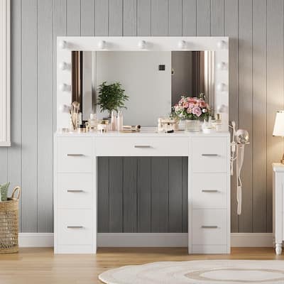 Makeup Vanity Desk with Mirror & 11 LED Lights, 7 Drawers, Charging Station