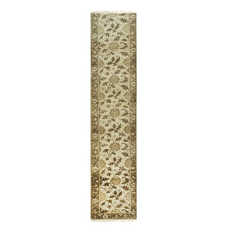 Beige Handmade Wool Transitional Runner 3' x 12' - Hand Knotted Natural Dyes Soft Pile Cotton Foundation - N/A