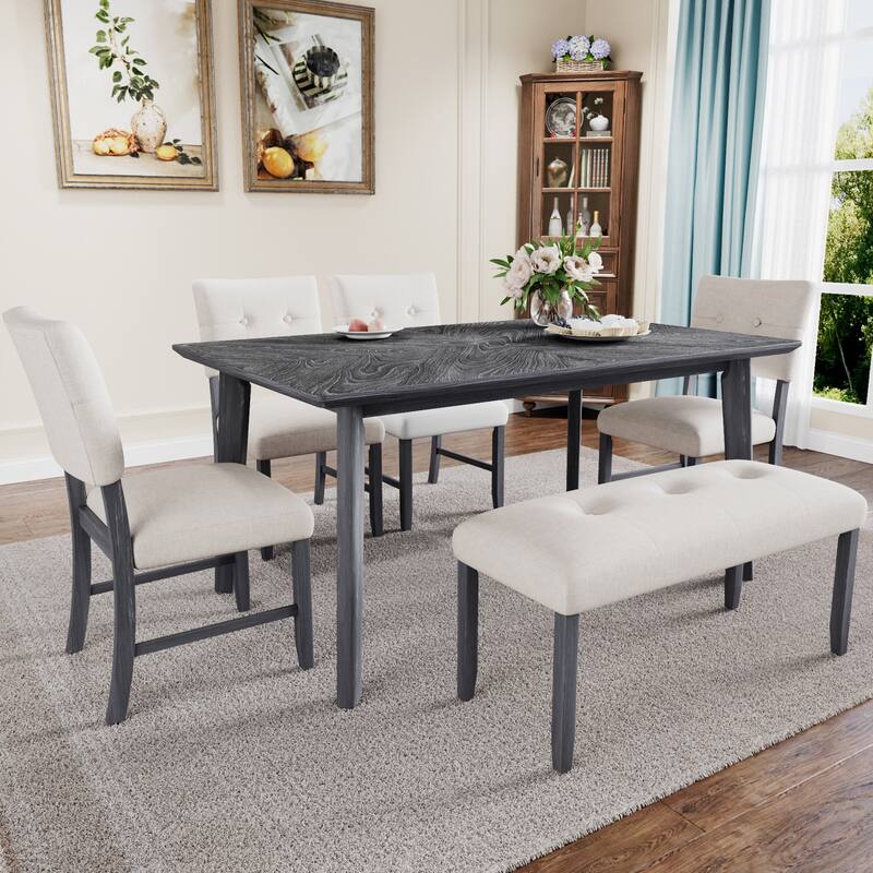 6 Piece Dining Table Set, Including 1 Rectangular Table, 4 Upholstered Chairs & 1 Bench, Wood Kitchen Dining Table Set for 6 - Gray